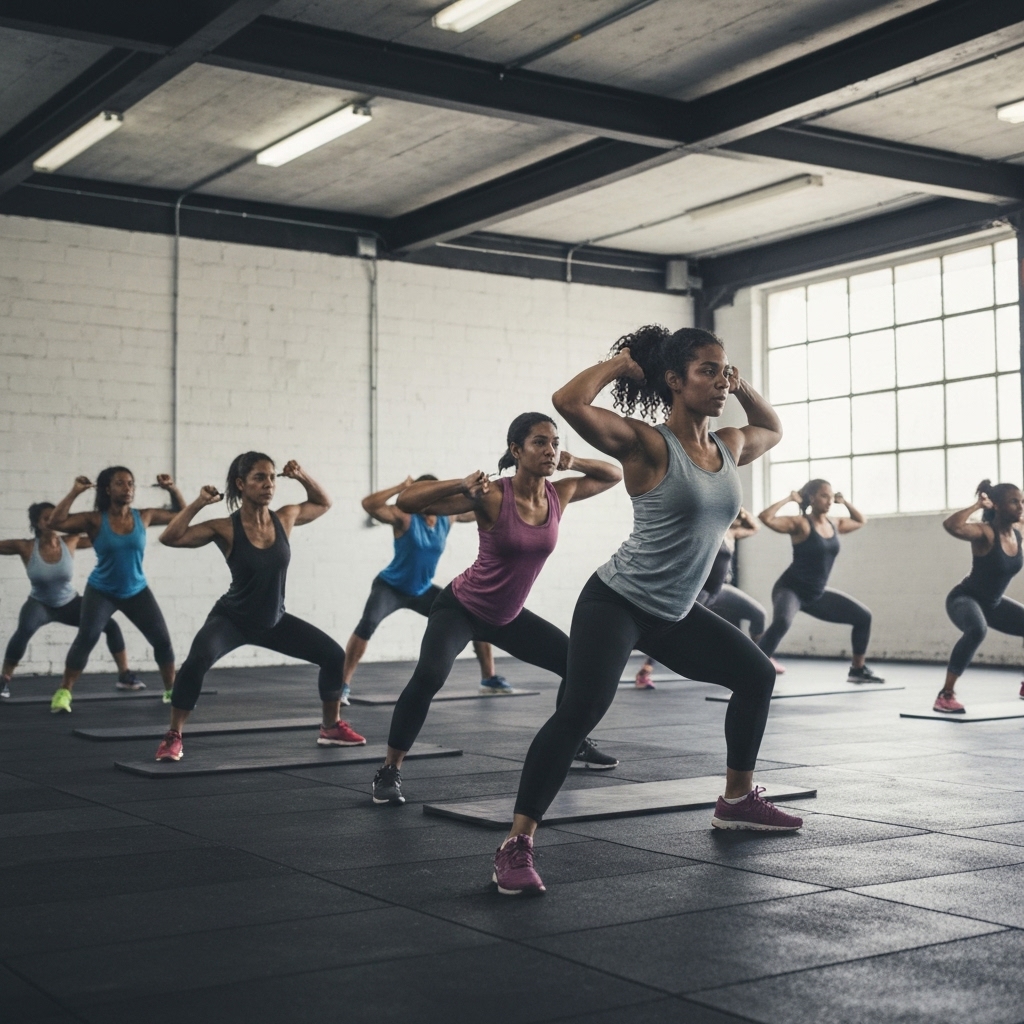 High energy group fitness class in a modern industrial gym setting in Renens with diverse people doing strength training