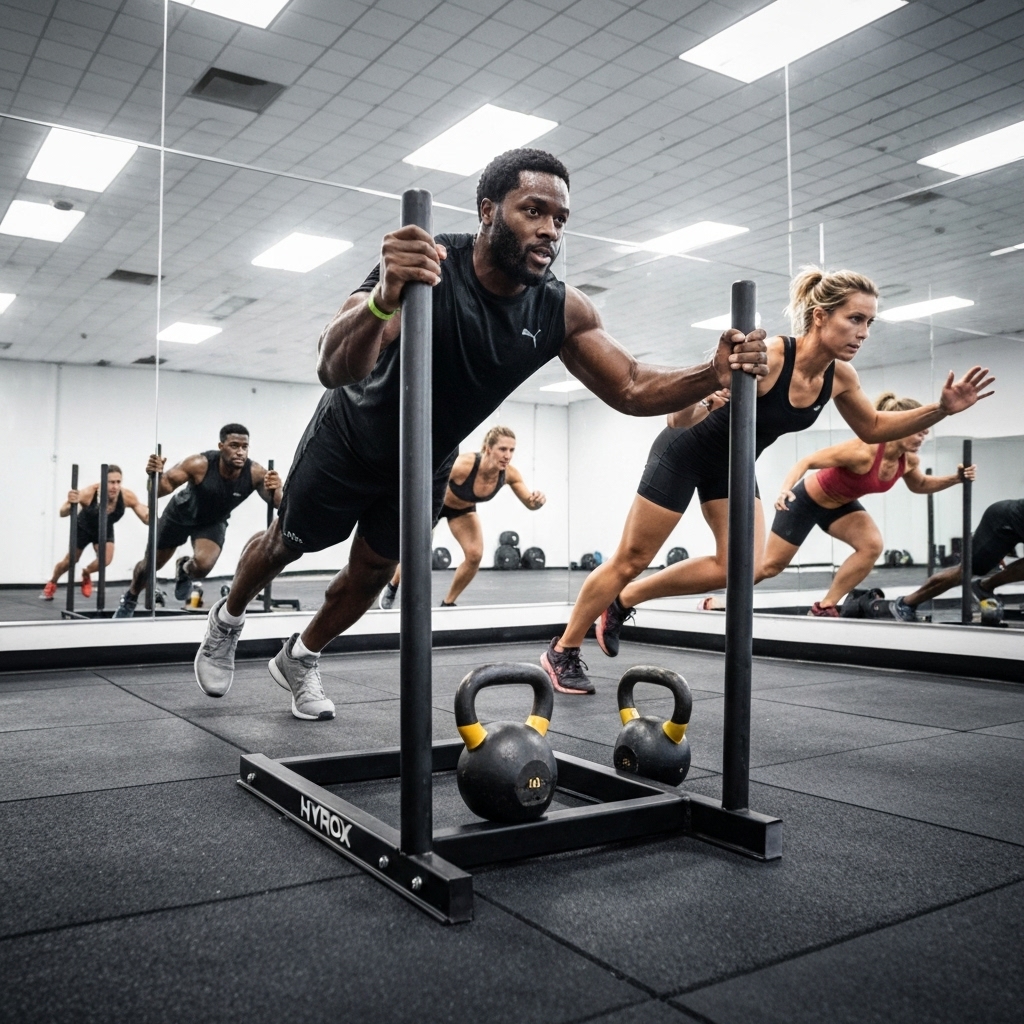 High-intensity Hyrox training setup with sleds and kettlebells in a gym environment.