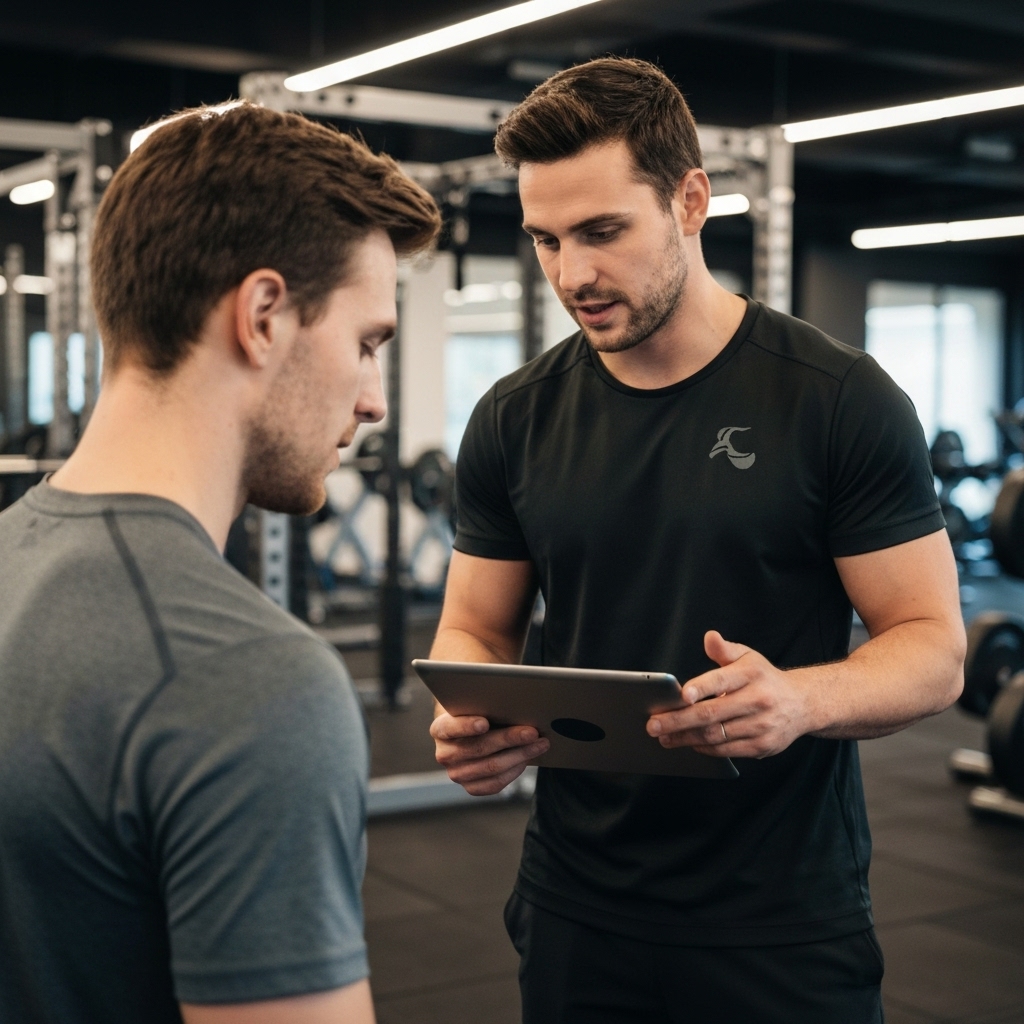 Close-up of a professional fitness coach explaining a workout plan on a tablet to a focused client in a modern gym setting in Lausanne.