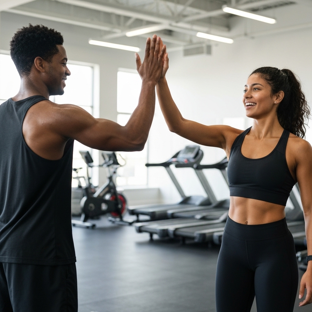 Athletes high-fiving after a group workout session in a gym setting