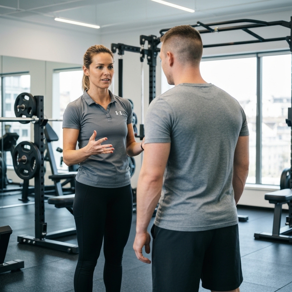 A determined person discussing goals with a fitness coach in a modern gym setting in Lausanne