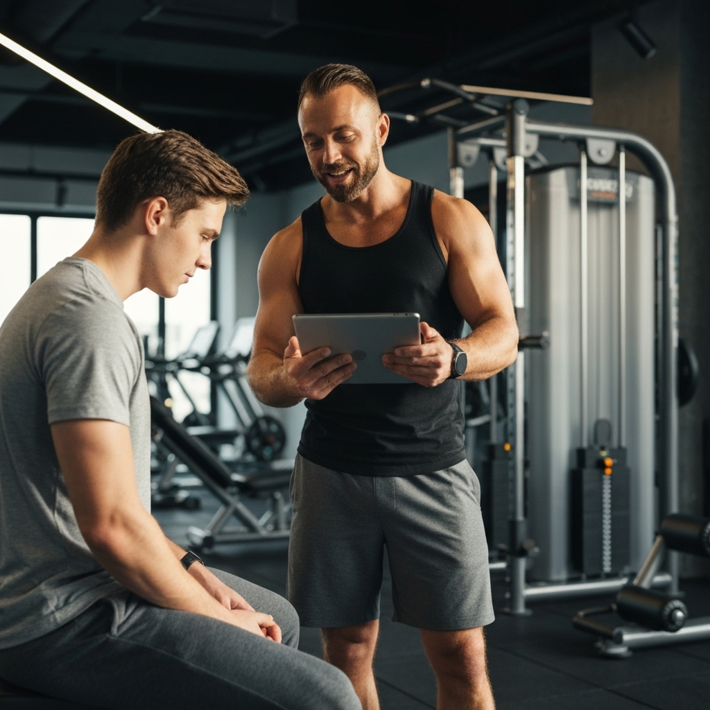 A professional coach explaining a workout plan to a client in a modern gym setting, focus on communication and trust