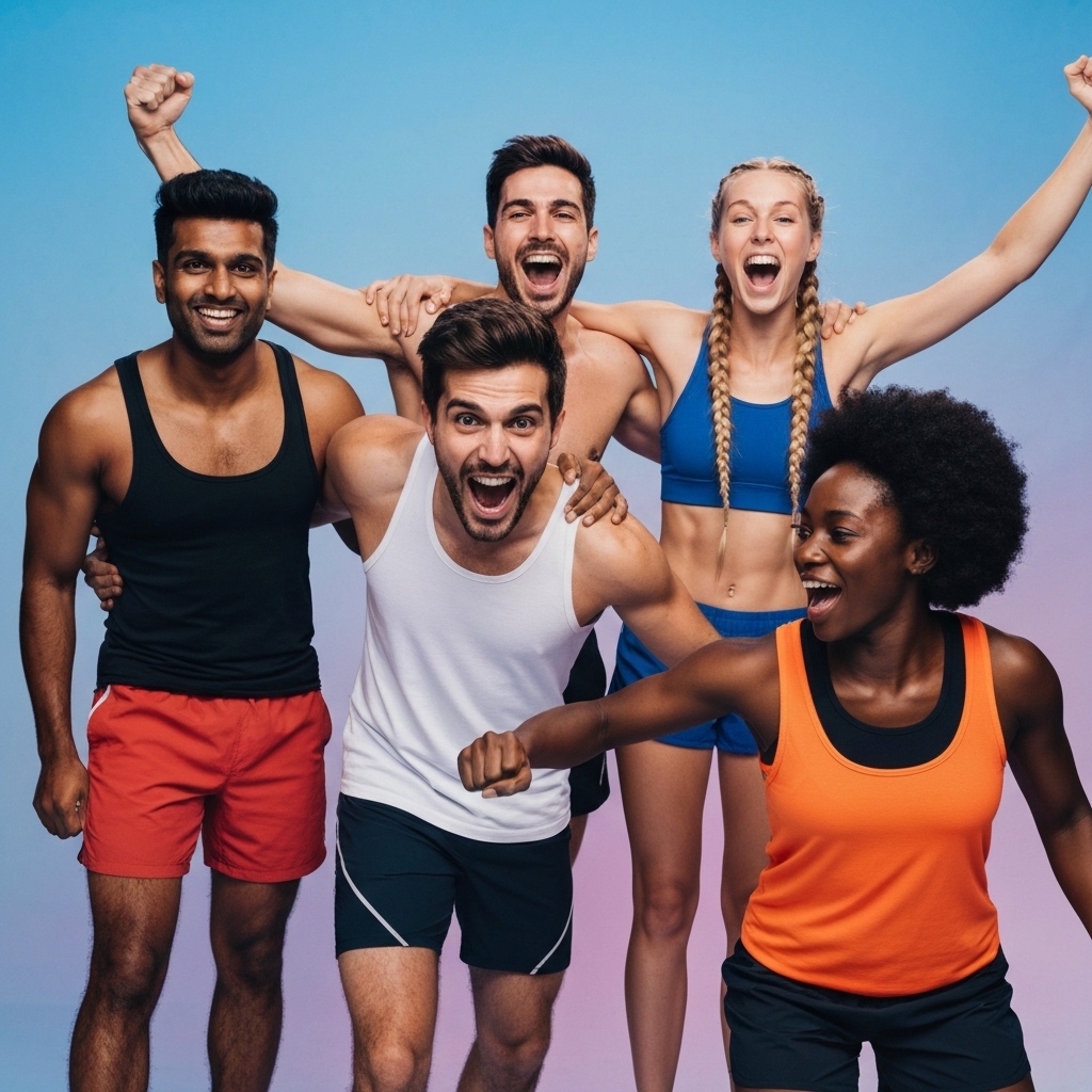 A diverse group of people high-fiving after an intense functional fitness workout in a modern industrial gym setting, sweating and smiling