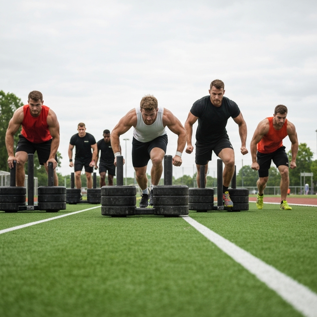 Athletes pushing sleds on turf track during a Hyrox training session simulation