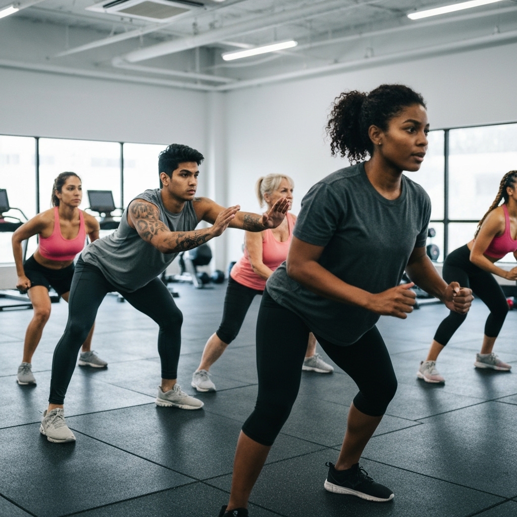 Group of people training in a gym class with a coach correcting posture, energetic atmosphere