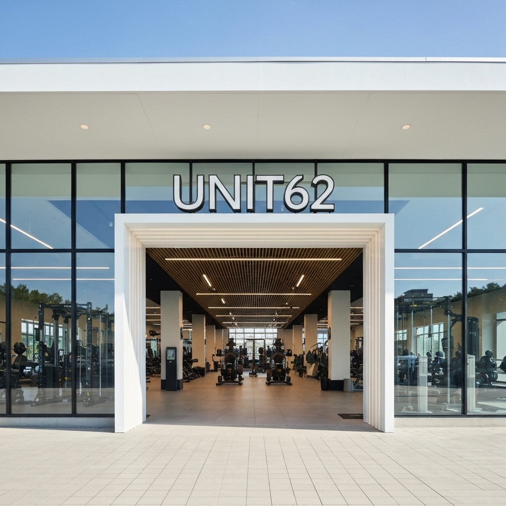 A modern, welcoming gym entrance in an industrial style building in Renens, clearly marked with Unit62 signage, sunny day