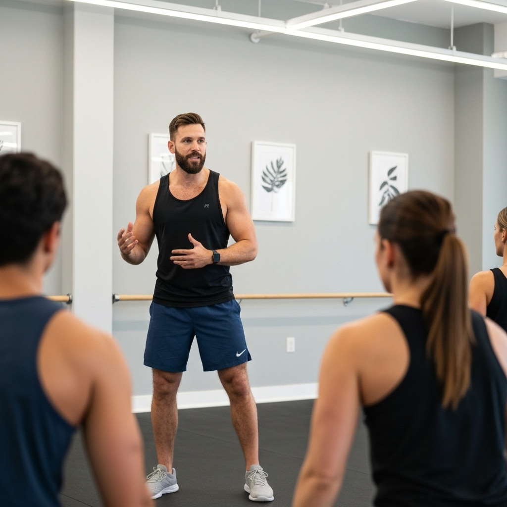 A professional fitness coach guiding a client through a functional movement screen during an initial assessment in a modern gym setting