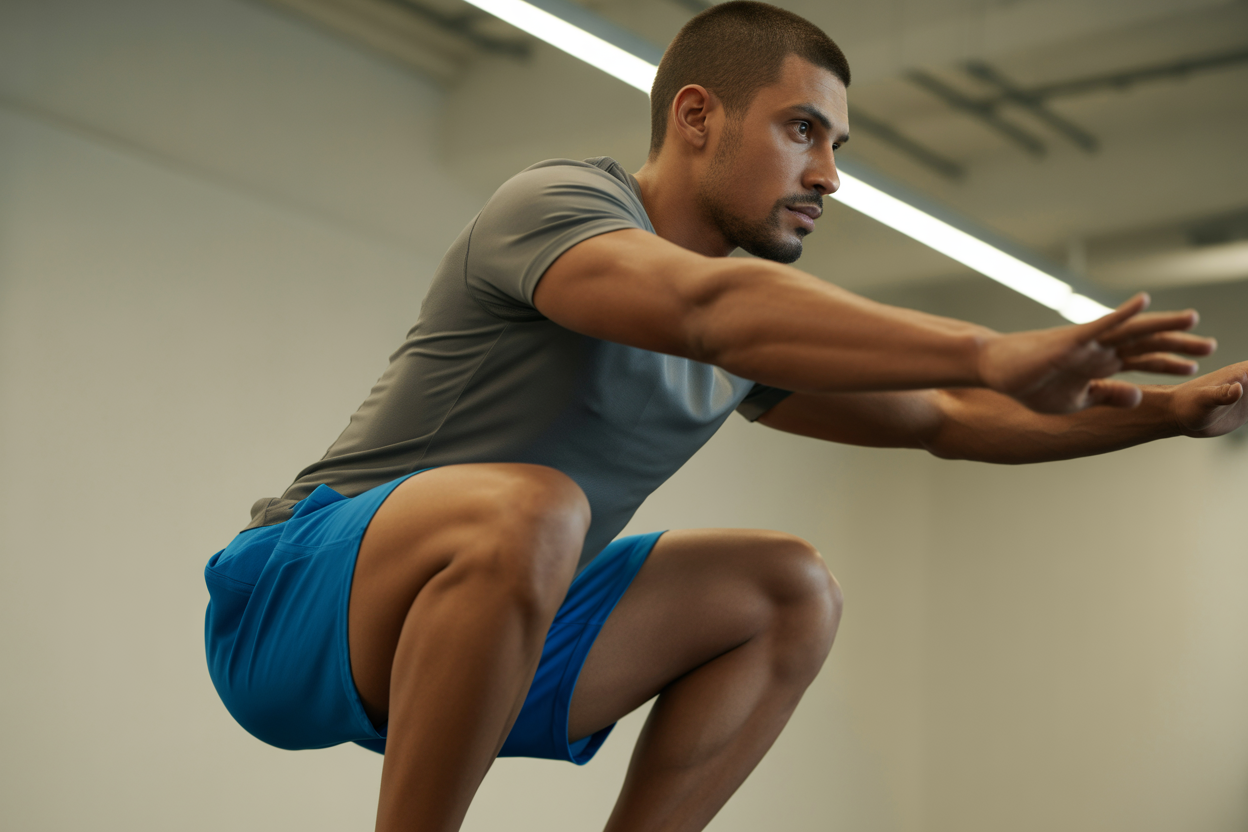 Personne réalisant un squat au poids du corps avec une posture parfaite, démontrant la profondeur correcte du mouvement.