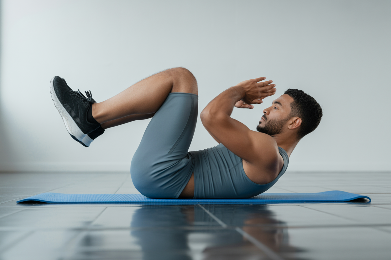 Athlète réalisant un exercice de crunch inversé sur un tapis de fitness, jambes fléchies vers la poitrine pour illustrer la technique.
