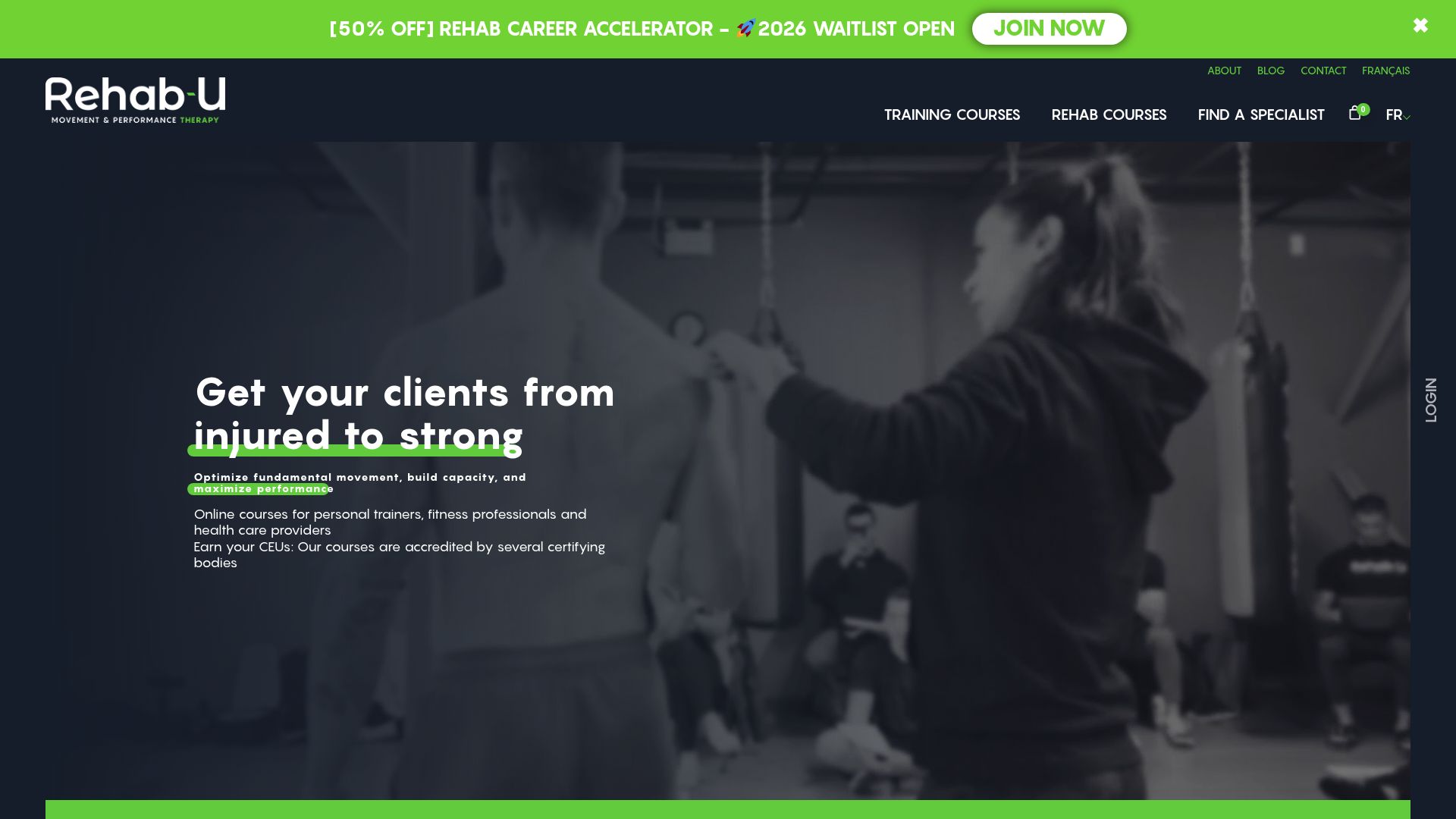 Screenshot of the Rehab-U website showing their mobility methodology and courses