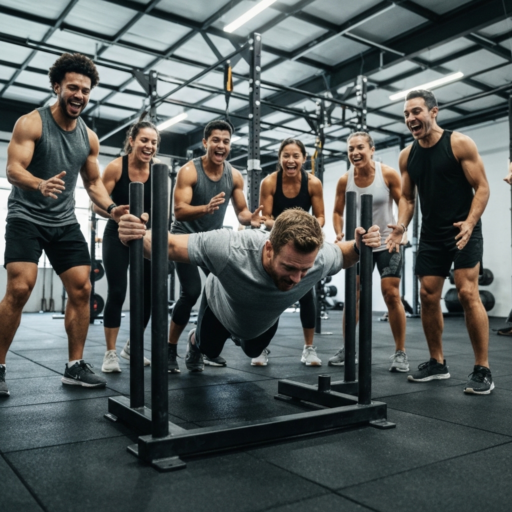 Group of diverse people cheering and supporting a member finishing a sled push exercise in a functional gym setting