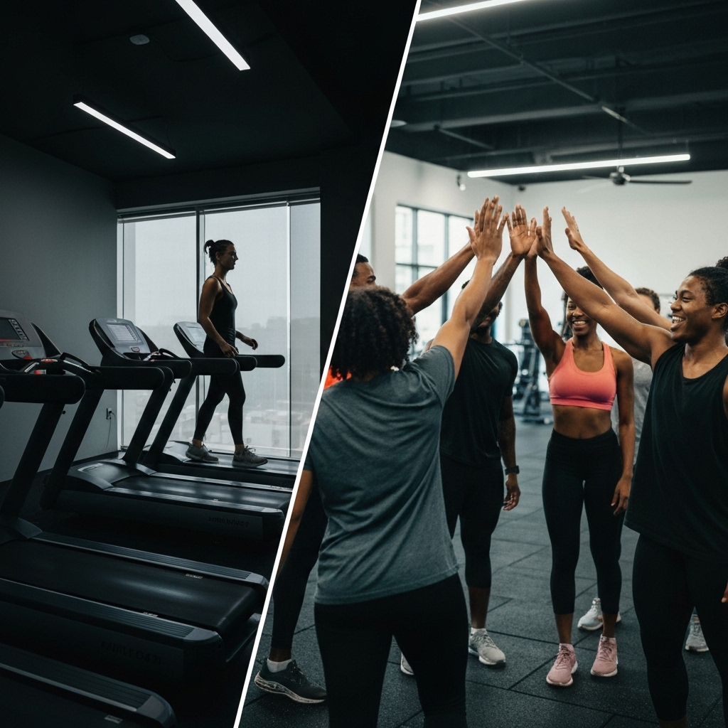 A split composition focusing on the community aspect: one side showing a lonely person on a treadmill in a dark gym, the other side showing a vibrant group high-fiving after a workout at Unit62