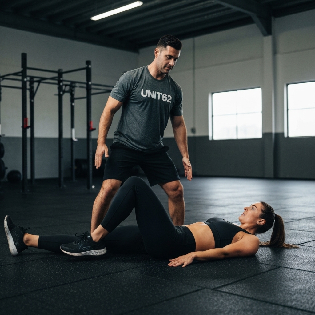 A professional coach at Unit62 gym in Renens demonstrating a bodyweight knee stability exercise with a client, modern industrial gym background