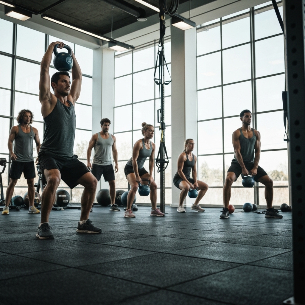 Group of people training in a modern gym with kettlebells and functional equipment, high energy atmosphere