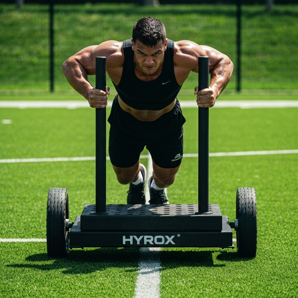 Athlete pushing a sled on turf during a Hyrox training session
