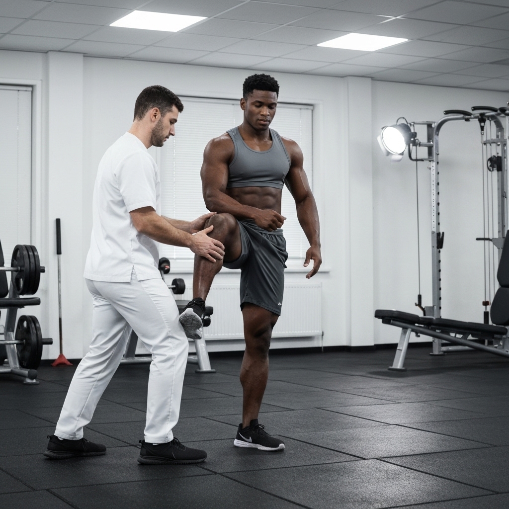 A passionate sports therapist evaluating the ankle mobility of a male athlete in a modern gym setting, focus on biomechanics