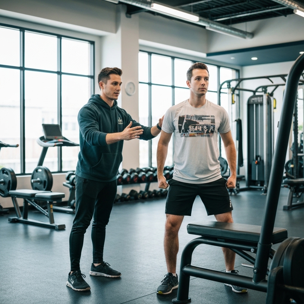 A professional health coach correcting the posture of a client during a small group functional training session, modern gym atmosphere with natural light, focus on safety and interaction