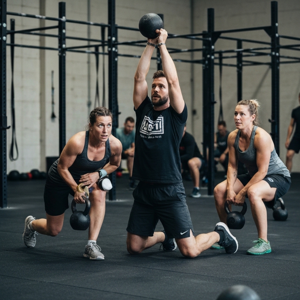 Coach sportif professionnel encadrant un petit groupe de personnes de 35-50 ans dans une salle style CrossFit à Renens. Ils utilisent des kettlebells et des wall balls. Ambiance dynamique et focus.