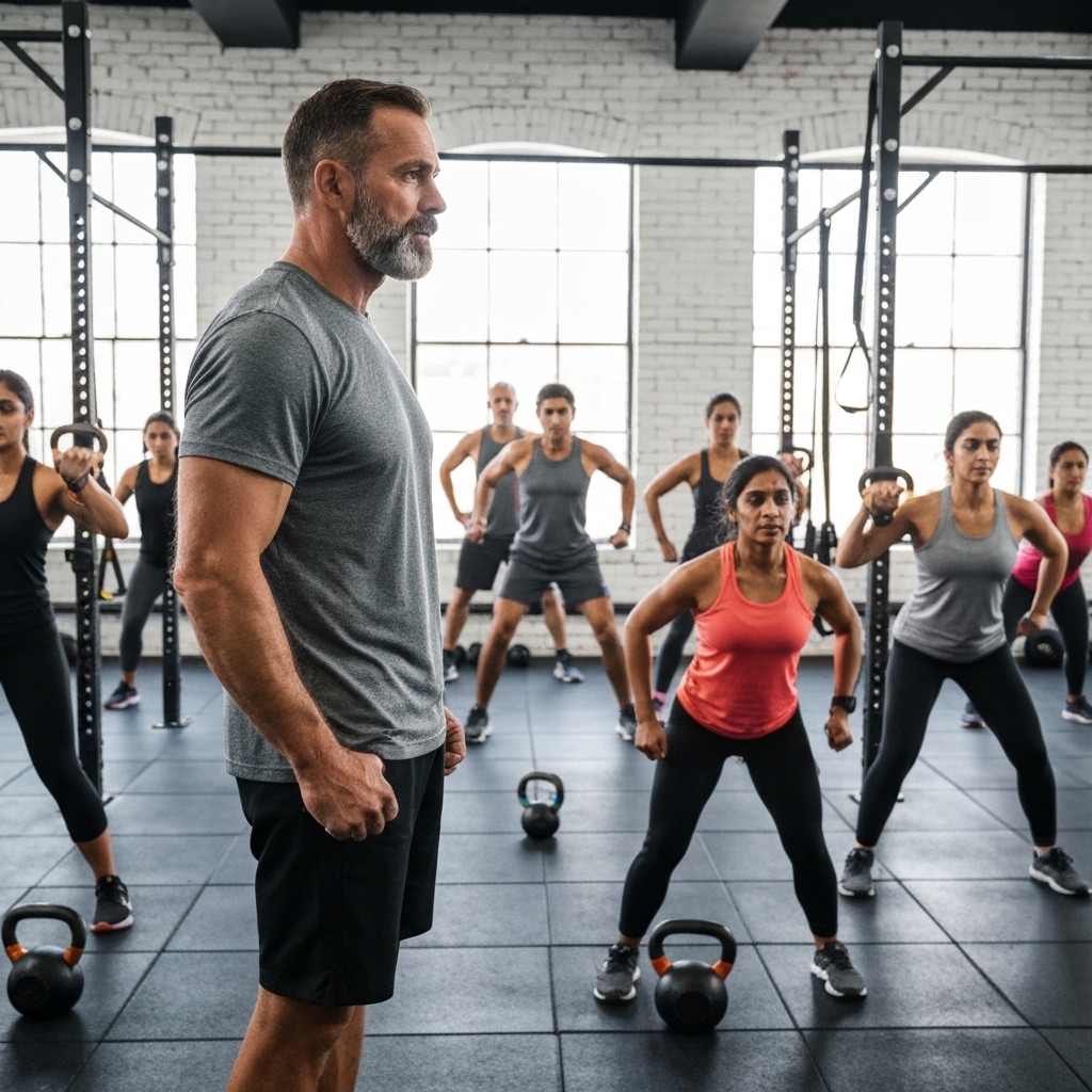 Coach observing a group class in a functional fitness gym with kettlebells and racks, 35-50 years old participants, faces hidden, professional atmosphere.