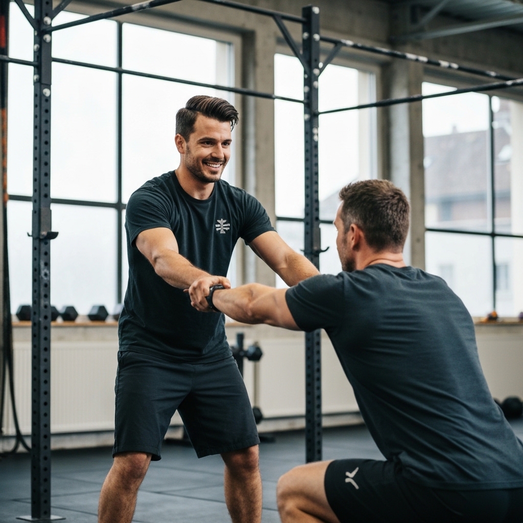 Coach sportif expliquant un mouvement technique à un homme de 40 ans dans une salle type CrossFit à Renens, ambiance industrielle mais chaleureuse