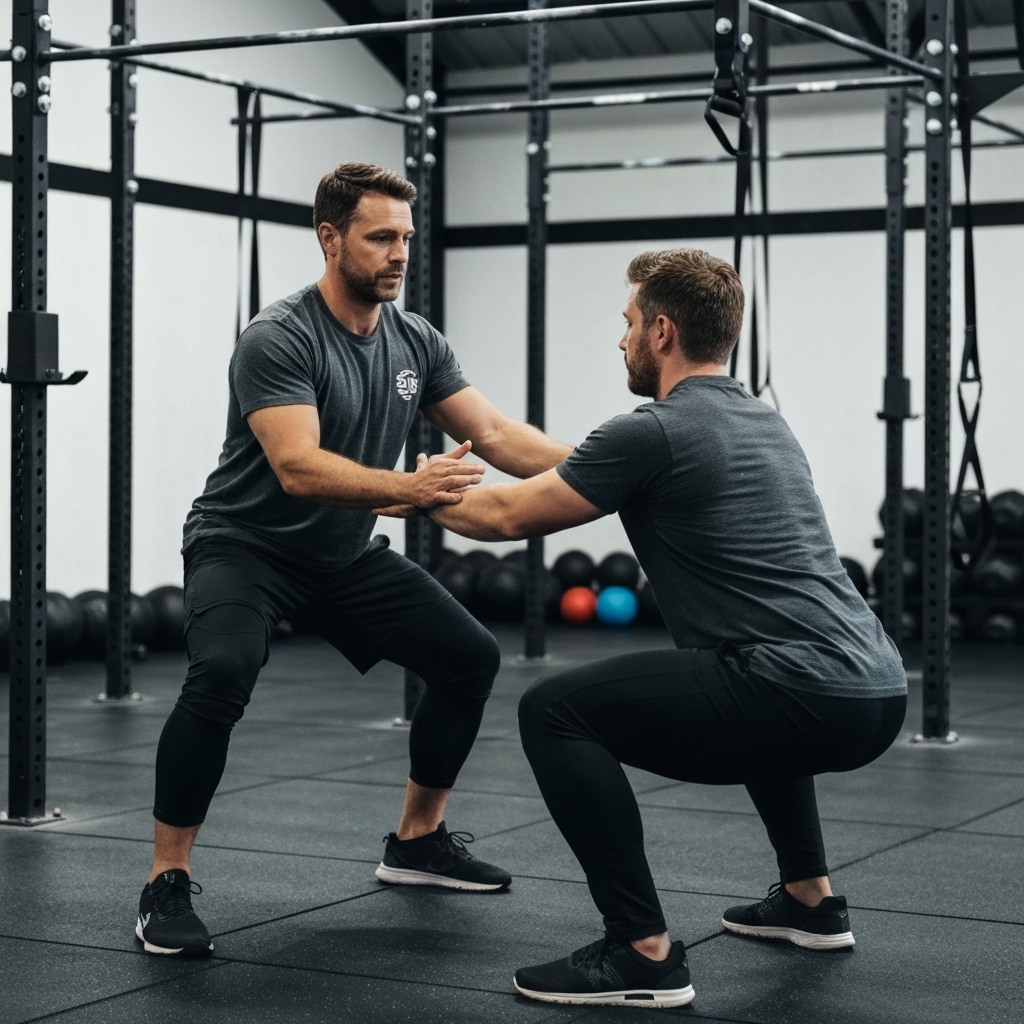 Coach sportif analysant la posture de squat d