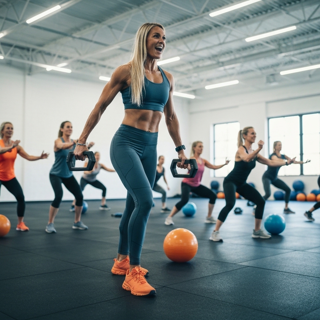 Groupe de personnes 35-50 ans en cours collectif avec un coach corrigeant un mouvement de kettlebell, ambiance dynamique et professionnelle