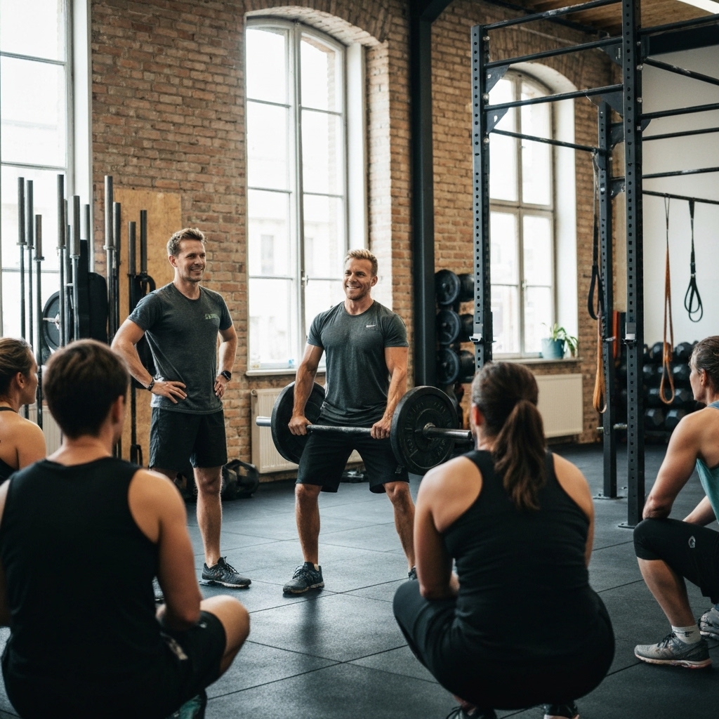 Coach sportif professionnel expliquant un mouvement de kettlebell à un petit groupe d