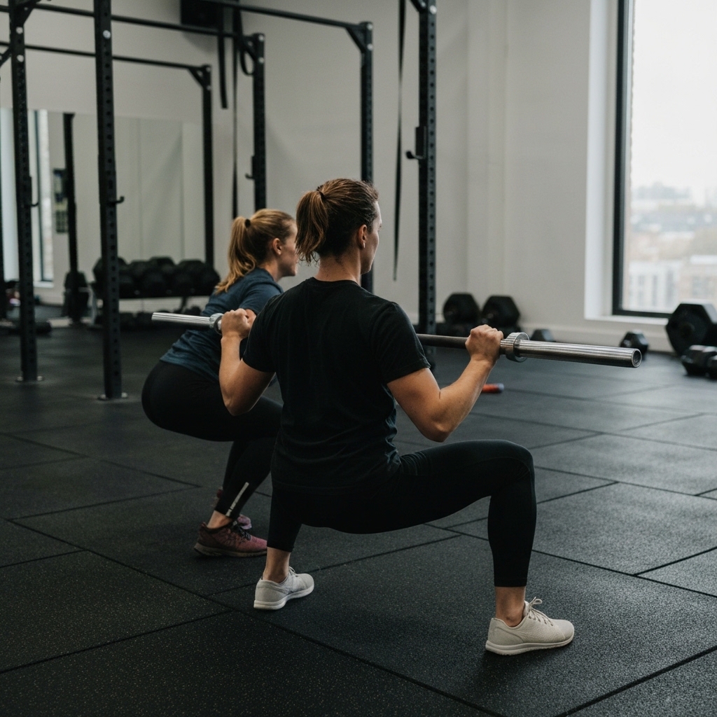 Fitness coach observing and correcting a person's form during a barbell squat exercise in a modern gym, close supervision and guidance, professional training environment