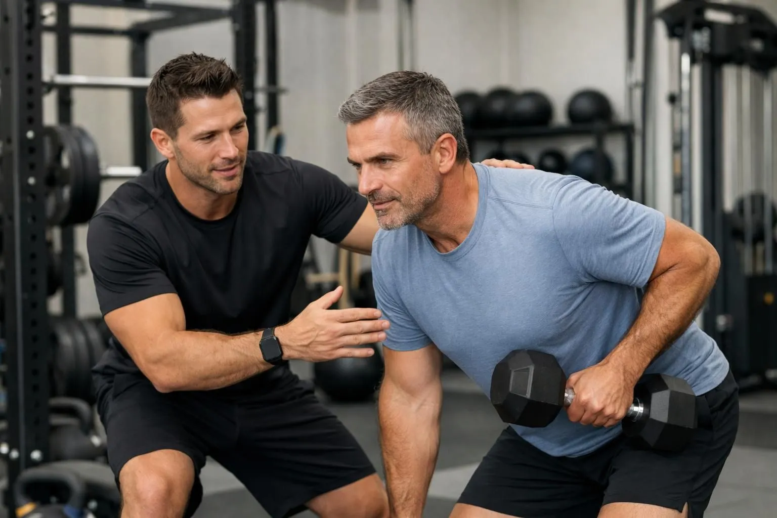 Professional fitness coach working one-on-one with a client in a modern, well-equipped training space, demonstrating personalized attention and proper form correction during a functional training session with kettlebells and racks visible in background, participants aged 35-50, faces not identifiable, dynamic and professional atmosphere