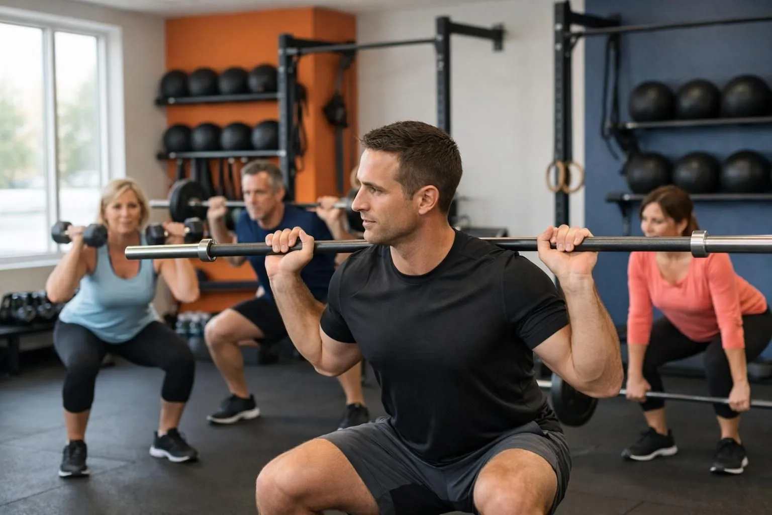 Small group of four adults aged 35-50 training with kettlebells and barbells in modern private fitness studio, professional coach demonstrating proper form in foreground, functional equipment visible on walls, natural lighting through large windows, faces turned away from camera or obscured by movement