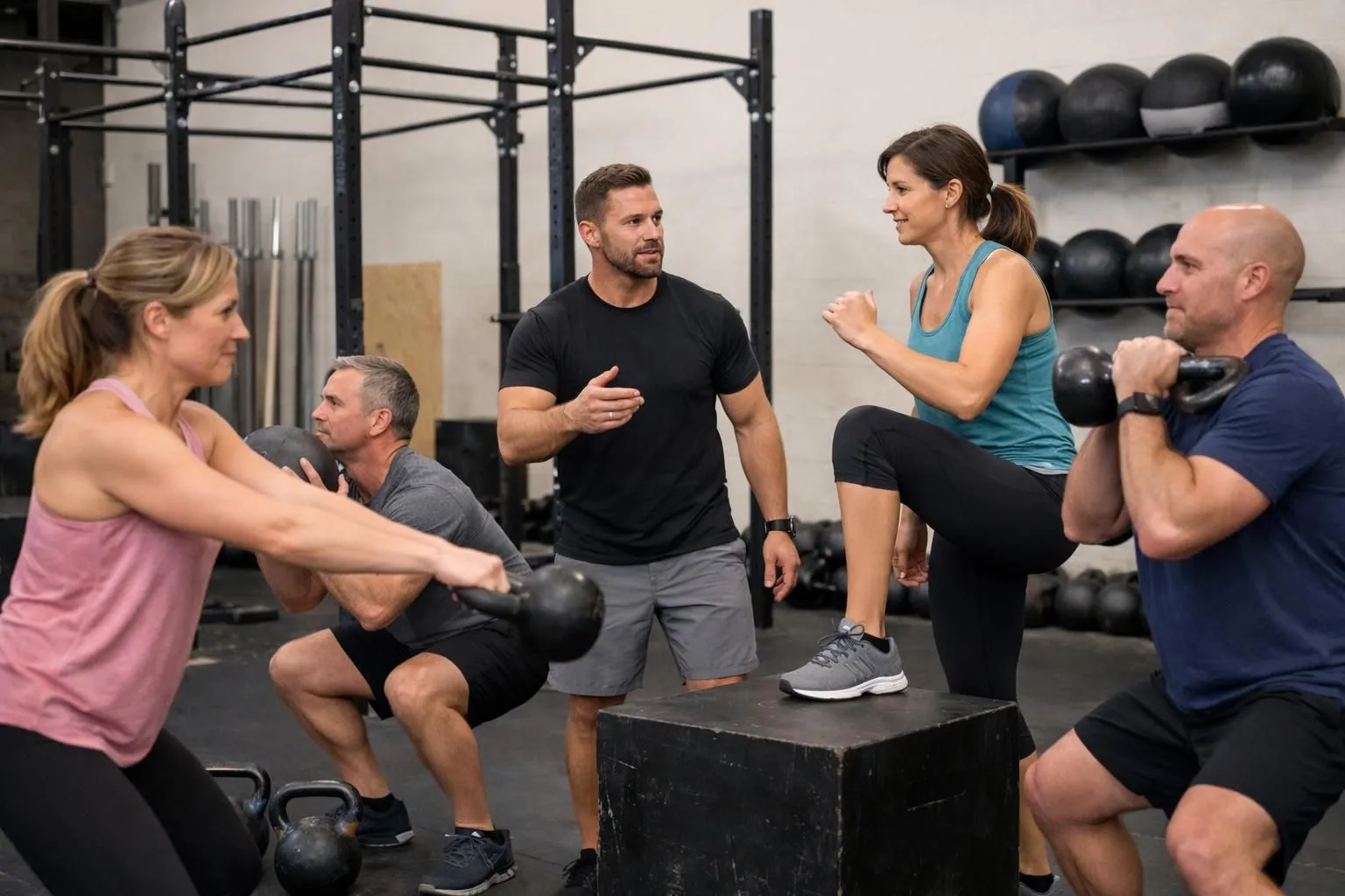 A professional fitness coach supervising three adults aged 35-50 performing functional movements like squats and lunges in a CrossFit-style training facility equipped with kettlebells, barbells, and wall balls. The participants' faces are not visible. The atmosphere is dynamic and professional with industrial lighting and exposed concrete walls.