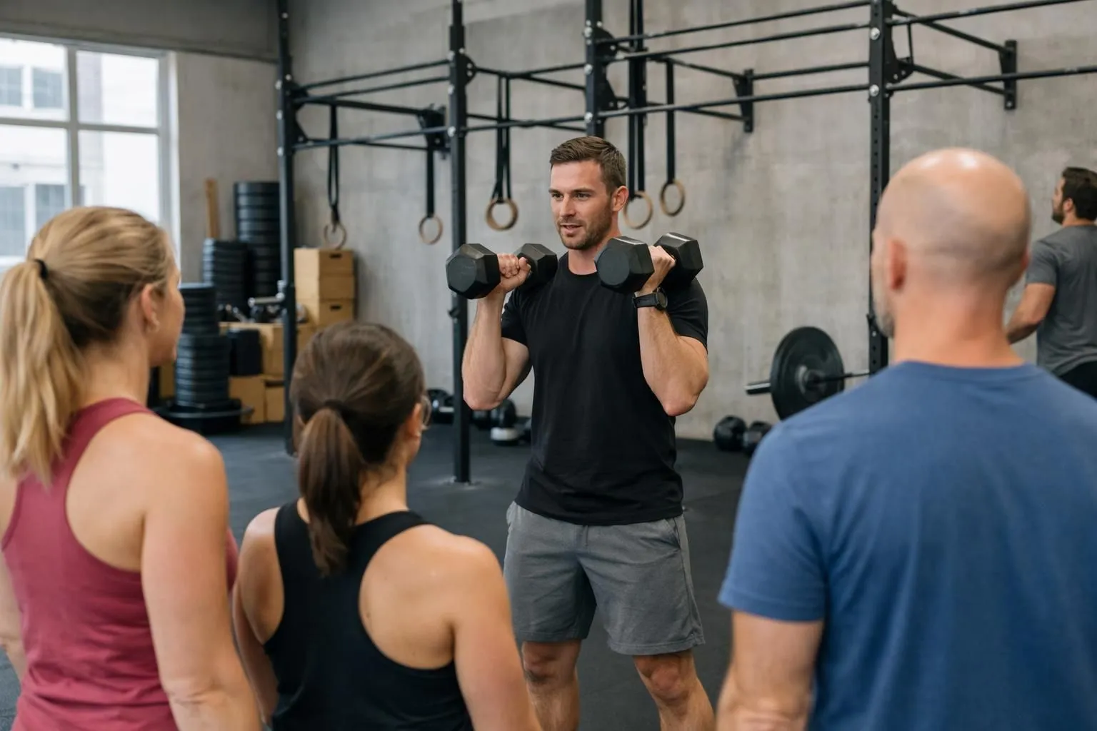 Scene showing a qualified coach actively supervising a small group of 3-4 adults aged 35-50 during a functional training session in a CrossFit-style gym. The coach is demonstrating proper form while participants perform exercises with kettlebells and barbells. Equipment visible includes racks, wall balls, and rubber flooring. The atmosphere is professional yet dynamic, with natural lighting. Faces are intentionally blurred or turned away from camera to maintain anonymity. The coach wears athletic gear and is clearly engaged with the group.