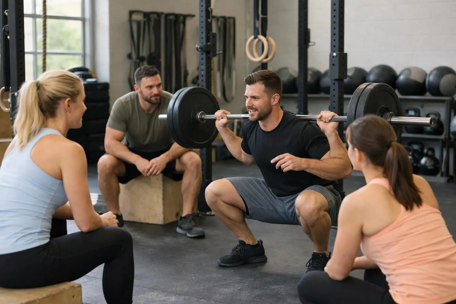 Coach professionnel encadrant un petit groupe de trois personnes entre 35 et 50 ans dans une salle d'entraînement fonctionnel moderne à Lausanne, équipée de racks, kettlebells et wall balls, atmosphère dynamique et professionnelle, visages flous ou non identifiables, coach démontrant un mouvement de squat avec barre, éclairage naturel