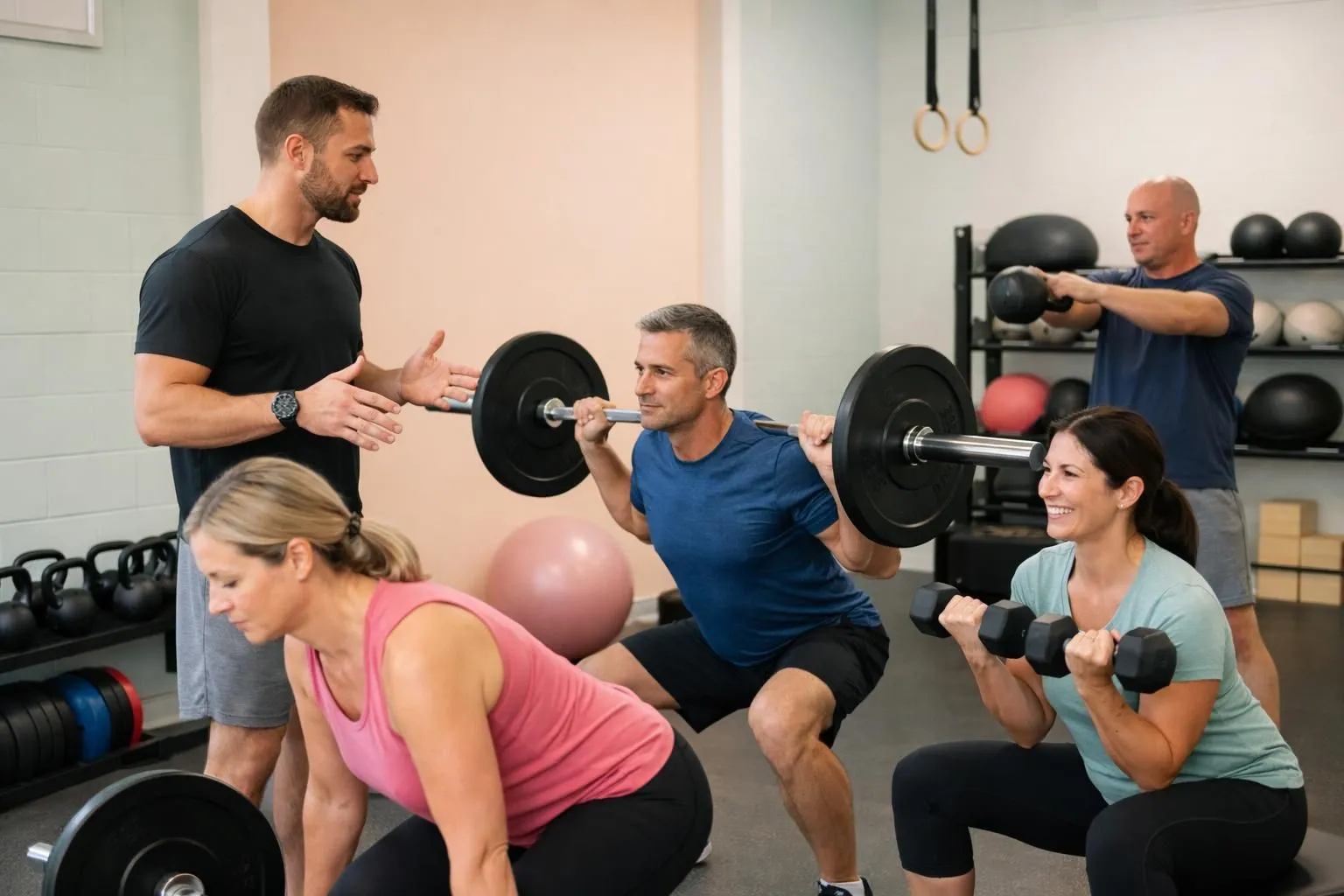 Interior view of a professional functional training studio with coaches instructing small groups of adults aged 35-50, showing equipment like barbells, kettlebells, squat racks, and wall balls in a well-lit CrossFit-style gym with participants actively training under supervision, faces not clearly visible
