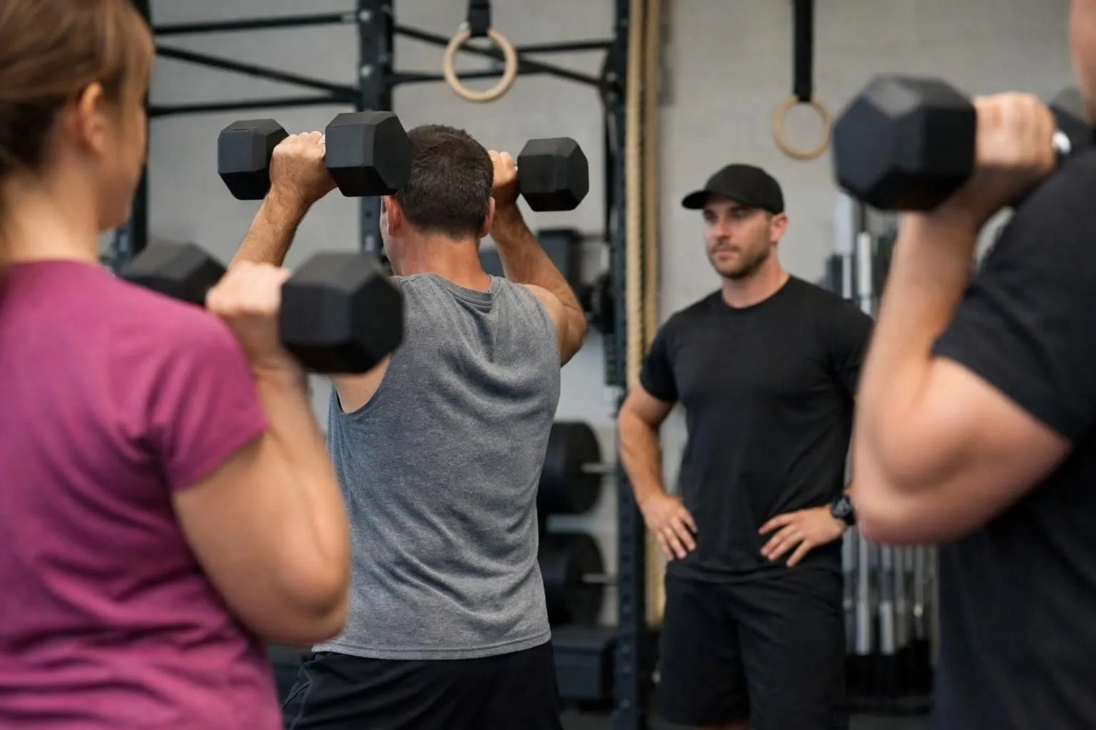 Functional training session in a CrossFit-style gym with participants aged 35-50 performing kettlebell exercises under coach supervision, equipment visible including racks and wall balls, professional dynamic atmosphere with no visible faces