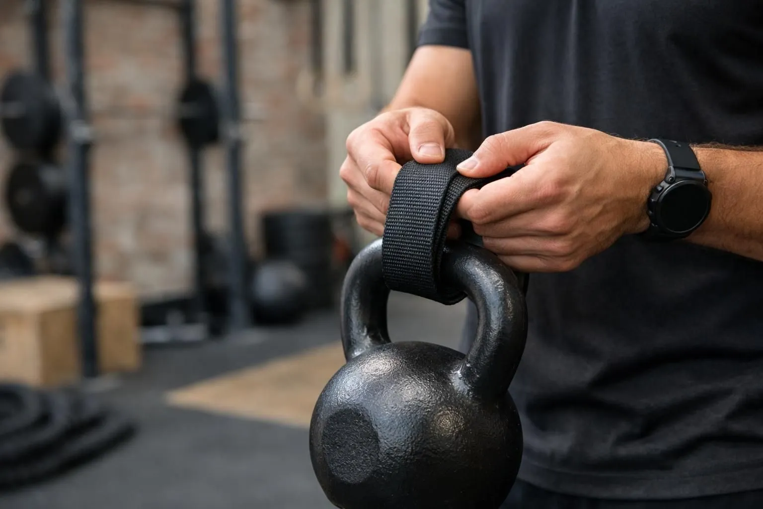 Small group functional training session in industrial-style CrossFit studio, certified coach correcting form on kettlebell exercise for adult clients aged 35-50, faces not visible, professional equipment including racks and barbells in background, warm lighting creating supportive community atmosphere