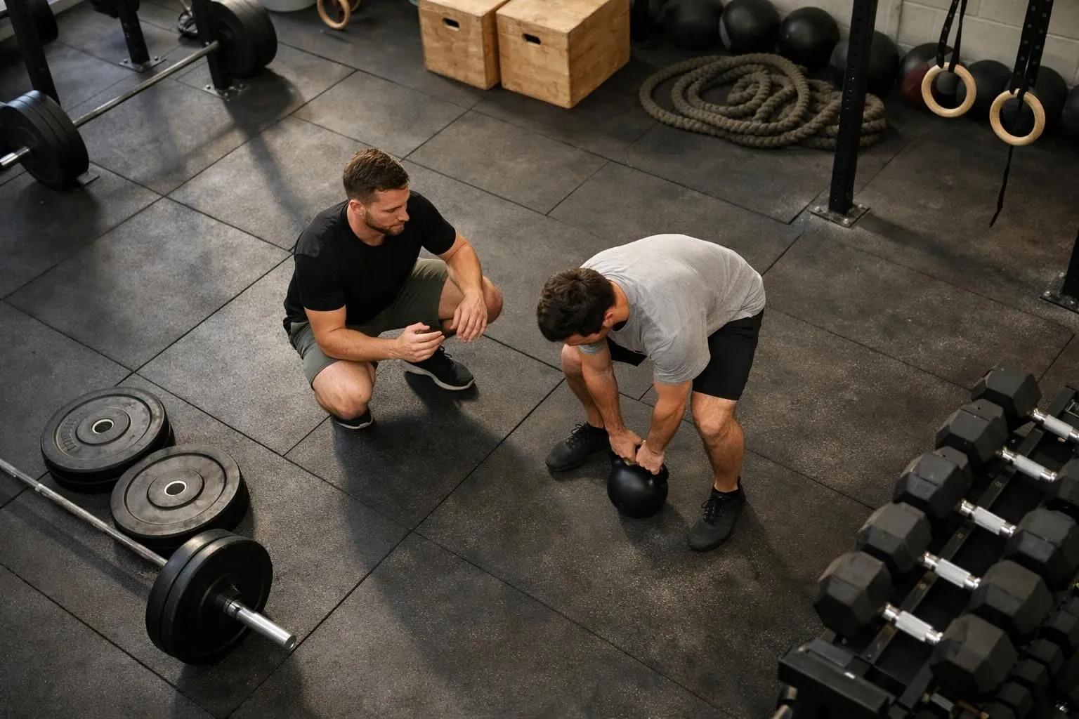 Interior scene of a professional functional training gym showing a coach actively providing hands-on correction and guidance to a single client performing a movement, both wearing athletic clothes, in a well-equipped facility with kettlebells and racks visible in background, faces turned away from camera, warm natural lighting, atmosphere of focused attention and personalized instruction