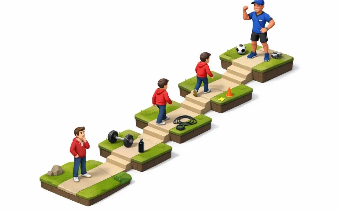 Illustration 3D isométrique d'un parcours en 5 étapes pour trouver un bon coach sportif et transformer ses entraînements.