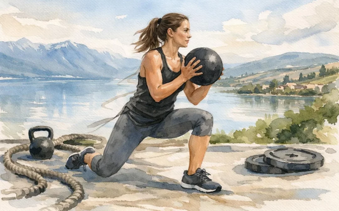 Illustration aquarelle d'une personne pratiquant l'entraînement fonctionnel ouest lausannois, lac et montagnes en fond.