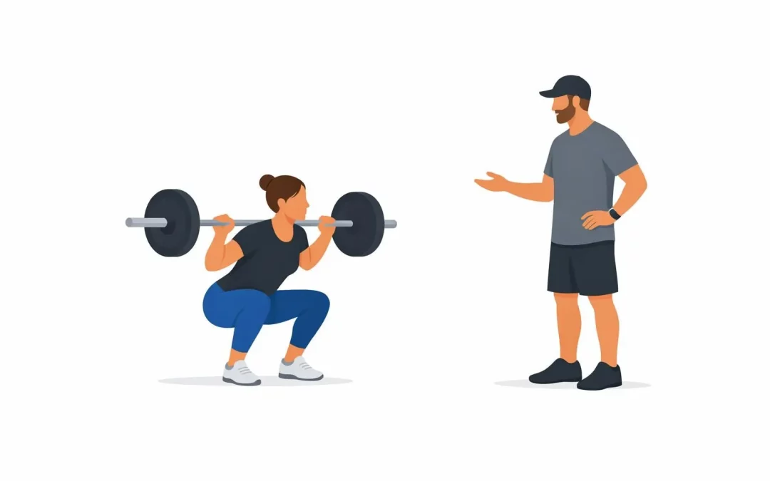 Renforcement musculaire ouest lausannois: illustration minimaliste d'un coach guidant une personne vers la transformation.