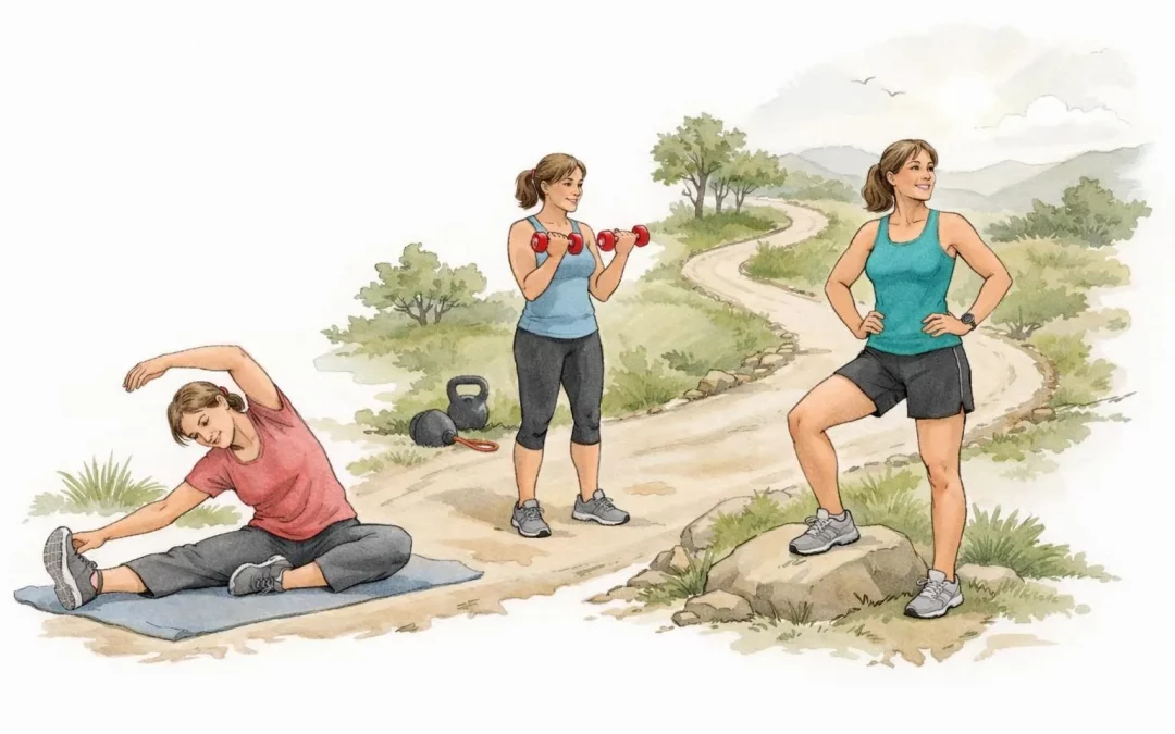 Dessin d'une femme de plus de 40 ans suivant un programme sportif progressif pour retrouver forme et vitalité durablement.