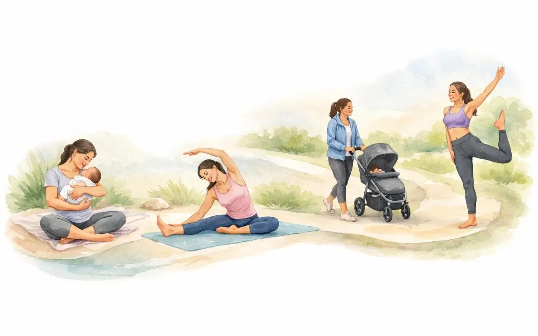 Aquarelle : mère suivant un programme de remise en forme après accouchement, de doux débuts à une vitalité retrouvée.