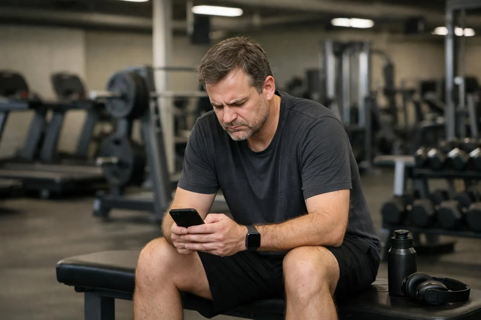 Person in their 40s standing alone in a large commercial gym filled with unused equipment, looking disappointed while checking their phone, visible sense of frustration and isolation, functional training equipment like kettlebells and pull-up bars in background, dim lighting suggesting early morning or late evening emptiness, shot from behind to avoid showing face clearly