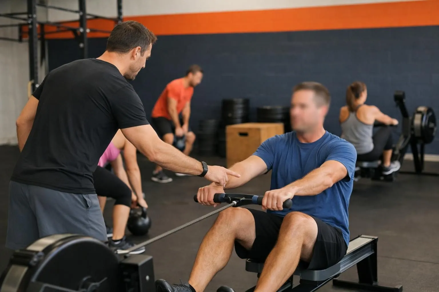 Coach supervising a small group of adults aged 35-50 performing functional training in CrossFit-style gym, showing mix of cardio and strength exercises with kettlebells and rowing equipment, professional lighting, energetic atmosphere, faces not visible or blurred