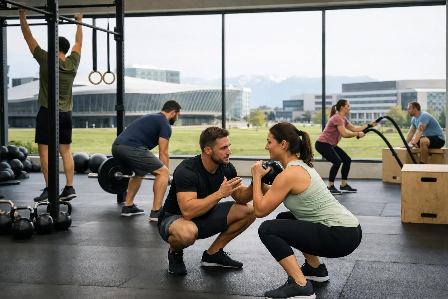 Modern fitness studio interior near university campus showing young professionals aged 25-40 training with functional equipment like kettlebells and medicine balls, bright natural lighting through large windows, coach demonstrating proper form to small group, EPFL campus visible in background, motivational atmosphere, no faces clearly visible, equipment includes pull-up rigs and weight racks typical of CrossFit-style training