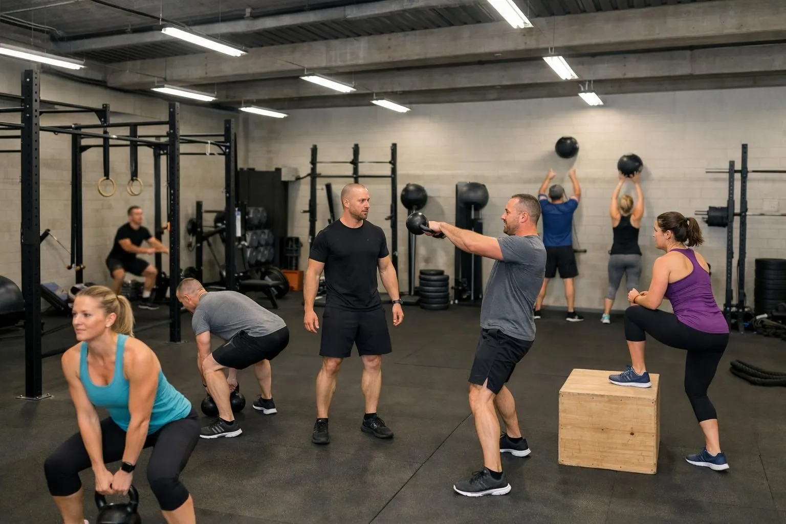 Inside a modern functional training facility in western Lausanne with athletes aged 35-50 performing natural movement exercises like squats, lunges and kettlebell movements, supervised by a coach in the background, equipment includes racks, wall balls and functional training gear, faces are not identifiable, professional CrossFit-style atmosphere with industrial lighting