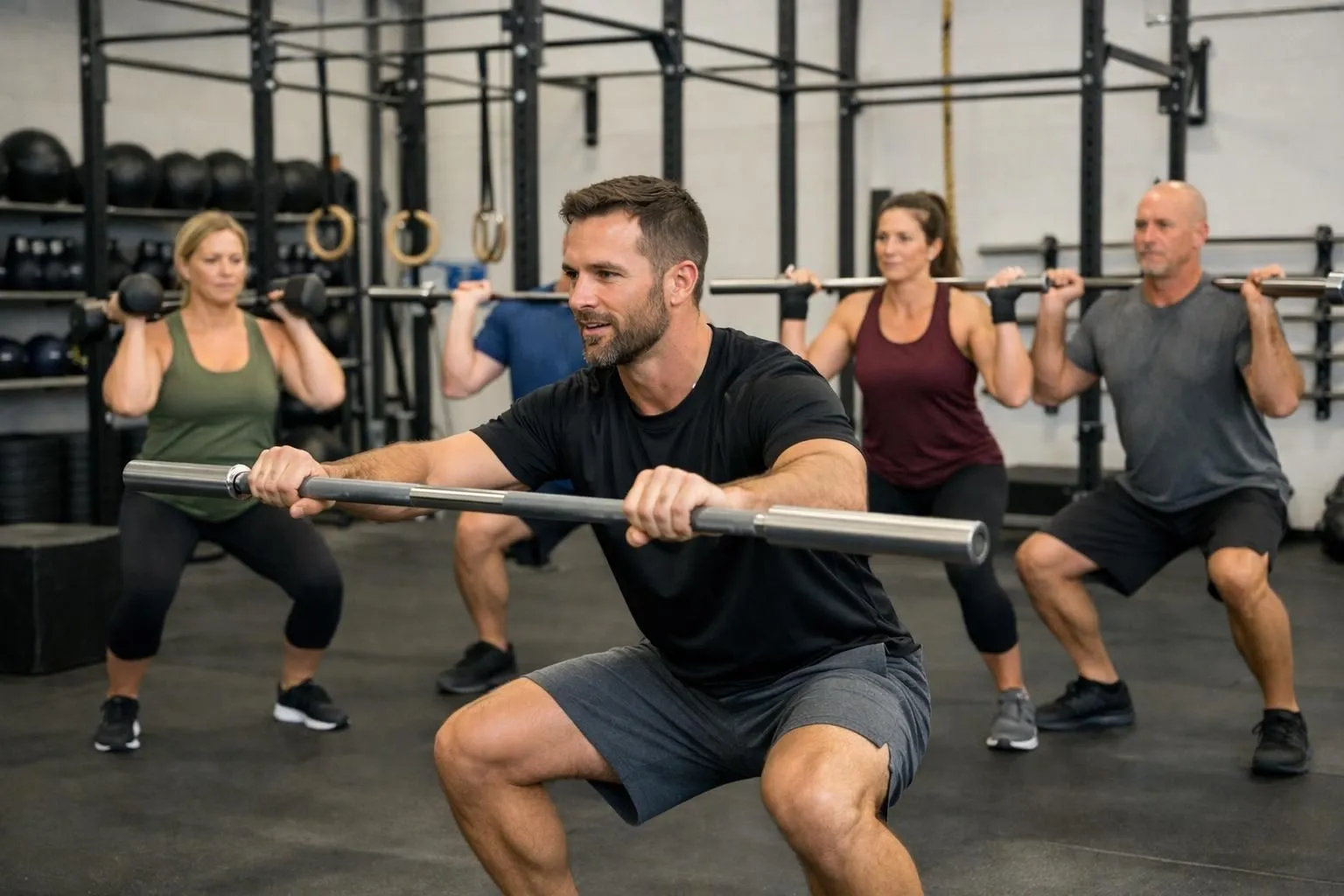 Small group of adults aged 35-50 performing functional strength training exercises with kettlebells and barbells in a modern CrossFit-style gym, professional coach demonstrating proper form in foreground while participants work out in background, faces turned away from camera, industrial lighting, professional athletic atmosphere with functional training equipment visible on walls