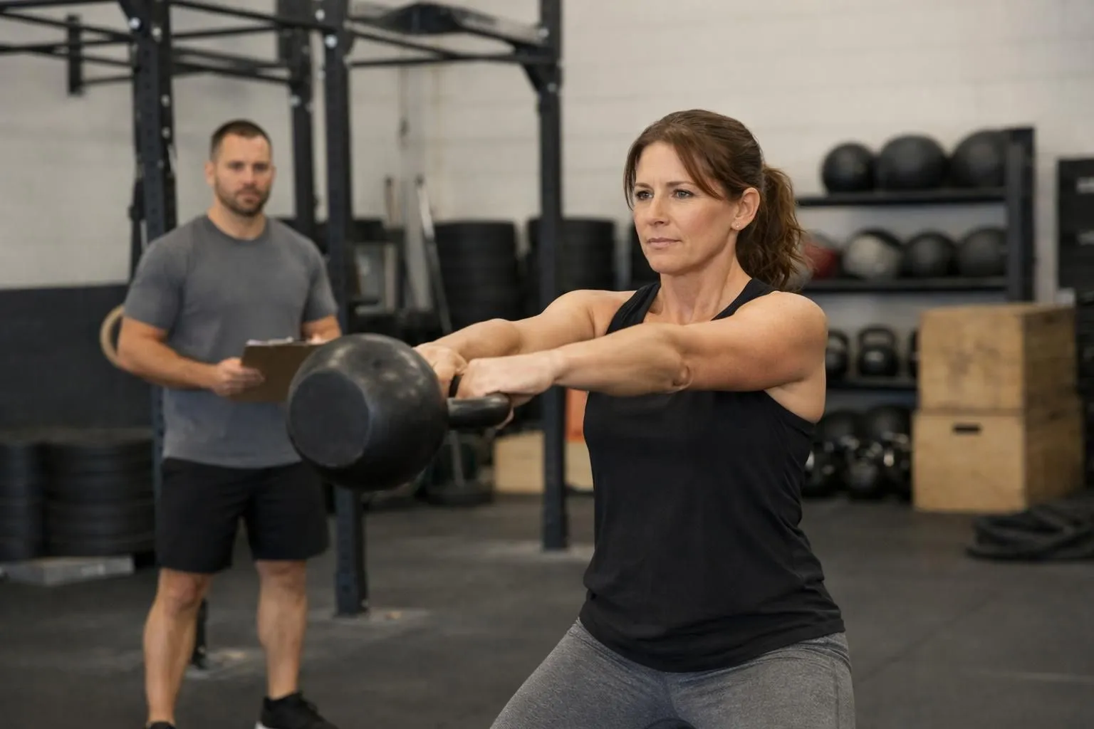 Woman in her 40s performing kettlebell exercises in functional training gym with coach observing form in background, CrossFit-style facility with professional equipment visible, participant focused and determined, face angle not showing clear features, modern athletic environment