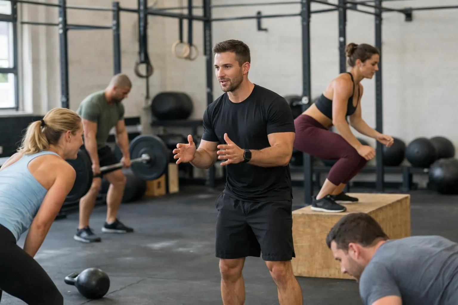 Un coach sportif professionnel guide un petit groupe de 3-4 adultes âgés de 35 à 50 ans dans une salle d'entraînement fonctionnel type CrossFit. Le coach, debout à côté d'un rack avec barres olympiques, corrige la posture d'un participant effectuant un exercice de squat. L'équipement visible inclut kettlebells, wall balls et matériel fonctionnel. Ambiance dynamique et professionnelle avec éclairage naturel. Les visages sont flous ou vus de dos, non identifiables. Aucun texte visible.
