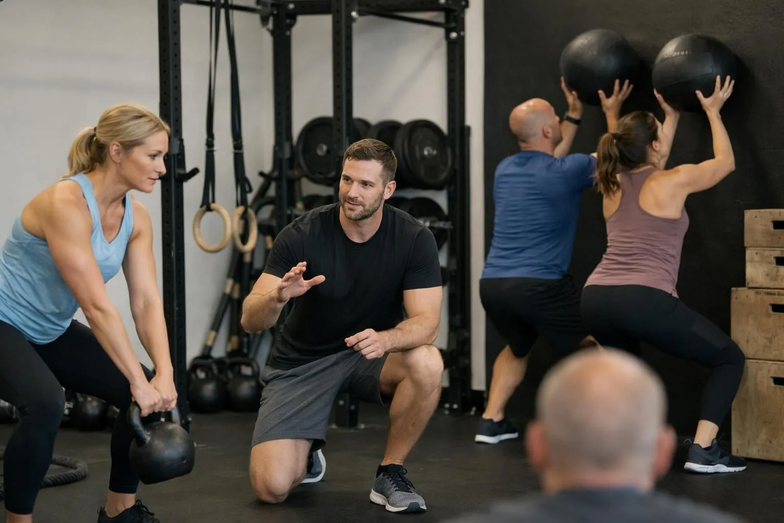 Inside a functional training studio, a coach in athletic wear guides a small group of three adults (ages 35-50, faces not identifiable) through a HYROX-style workout. The scene shows participants using kettlebells and wall balls on rubberized flooring, surrounded by racks, pull-up bars, and functional equipment. The coach demonstrates proper form while observing technique. Professional lighting highlights the clean, modern training space with a dynamic, supportive atmosphere. No text or logos visible.